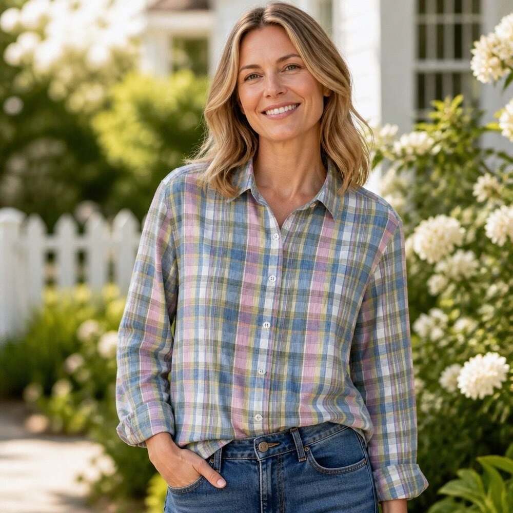 Lemon Grass Woman Pastel Multi-Color Plaid 100% Cotton Button-Down Shirt
